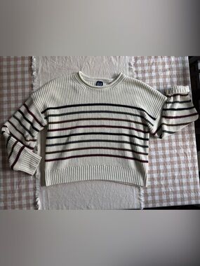 GAP Cream Cropped Sweater with Black and Burgundy Stripes